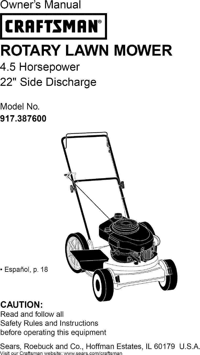 Craftsman 917387600 User Manual Gas, Walk Behind Lawnmower Manuals And ...