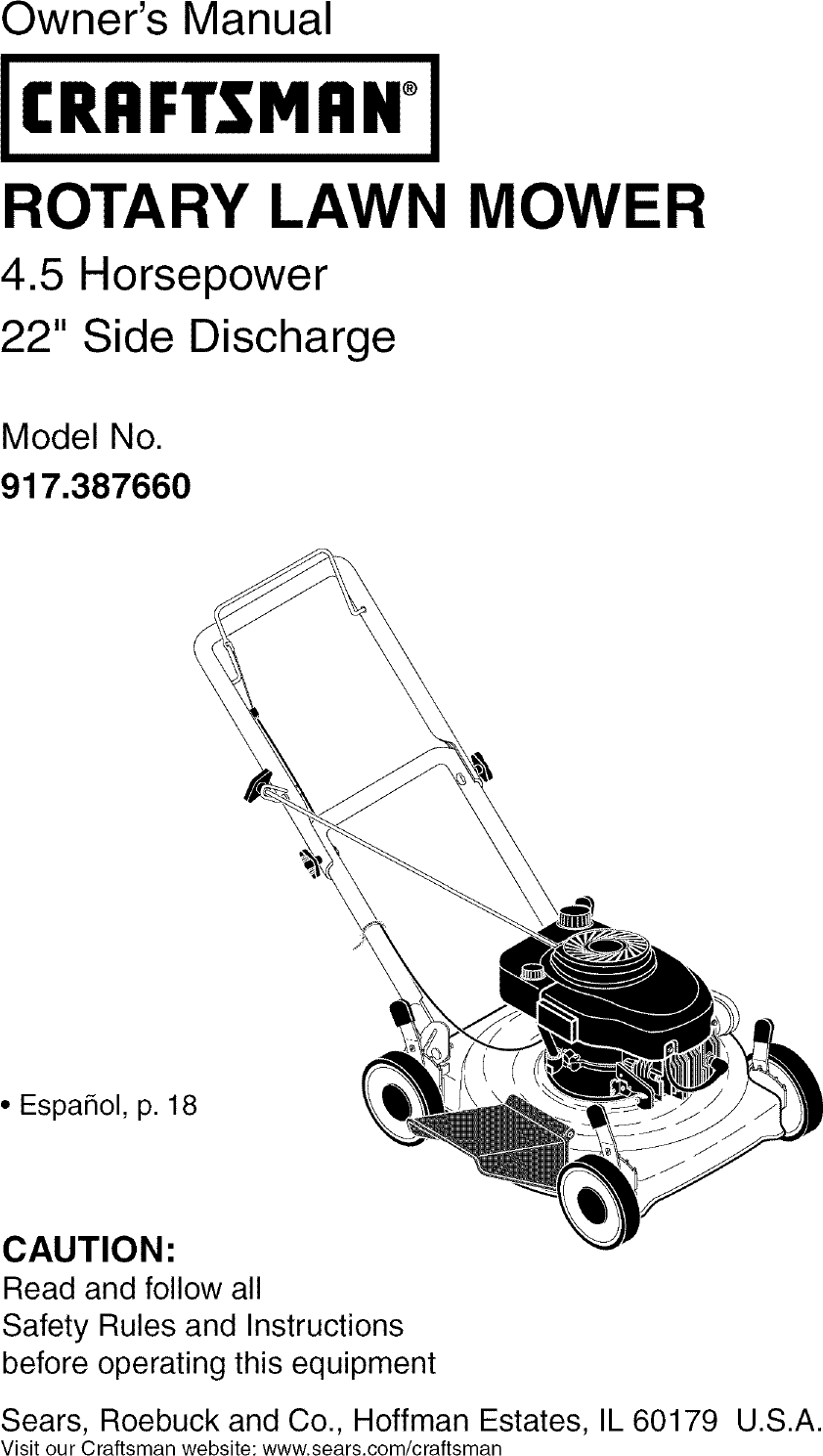 Craftsman 917387660 User Manual ROTARY MOWER Manuals And Guides L0503132