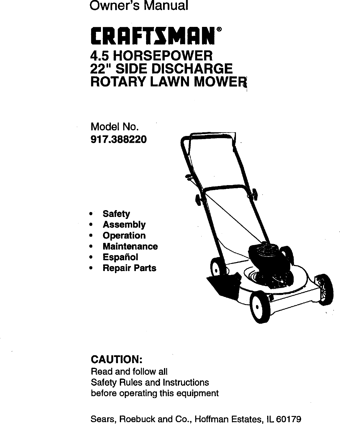 Craftsman 917388220 User Manual 4.5HP 22 ROTARY LAWN MOWER ...