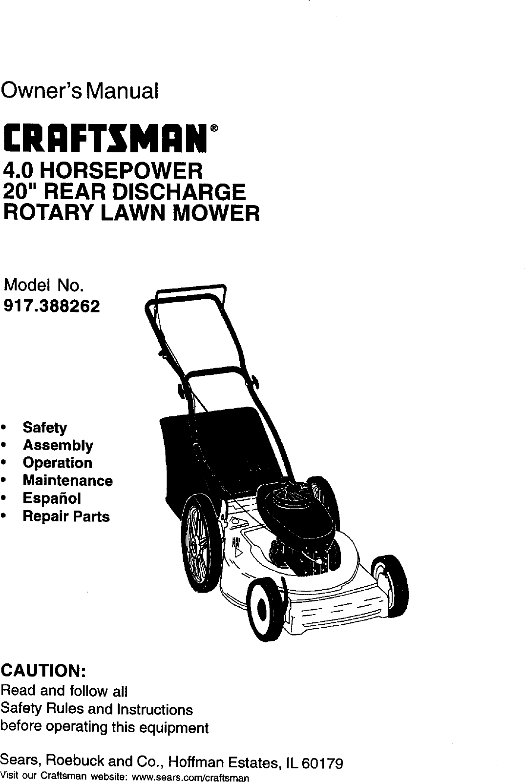 Craftsman 917388262 User Manual ROTARY MOWER Manuals And Guides L0020144