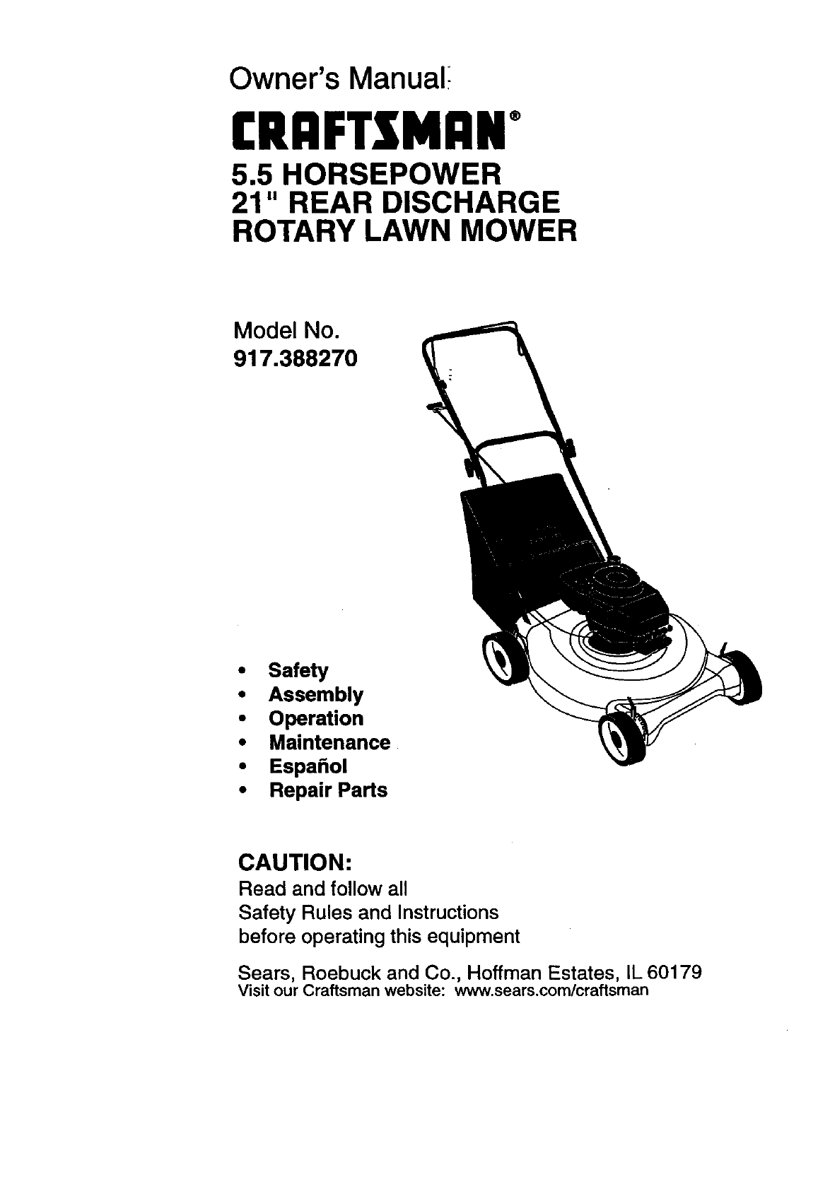 Craftsman 917388270 User Manual 5 5 Hp 21 Rear Discharge Rotary Lawn Mower Manuals And Guides 99040574