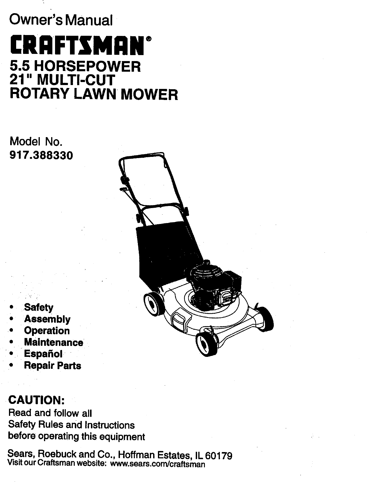 Craftsman 917388330 User Manual 5.5HP 21 MULTI CUT ROTARY LAWN MOWER ...