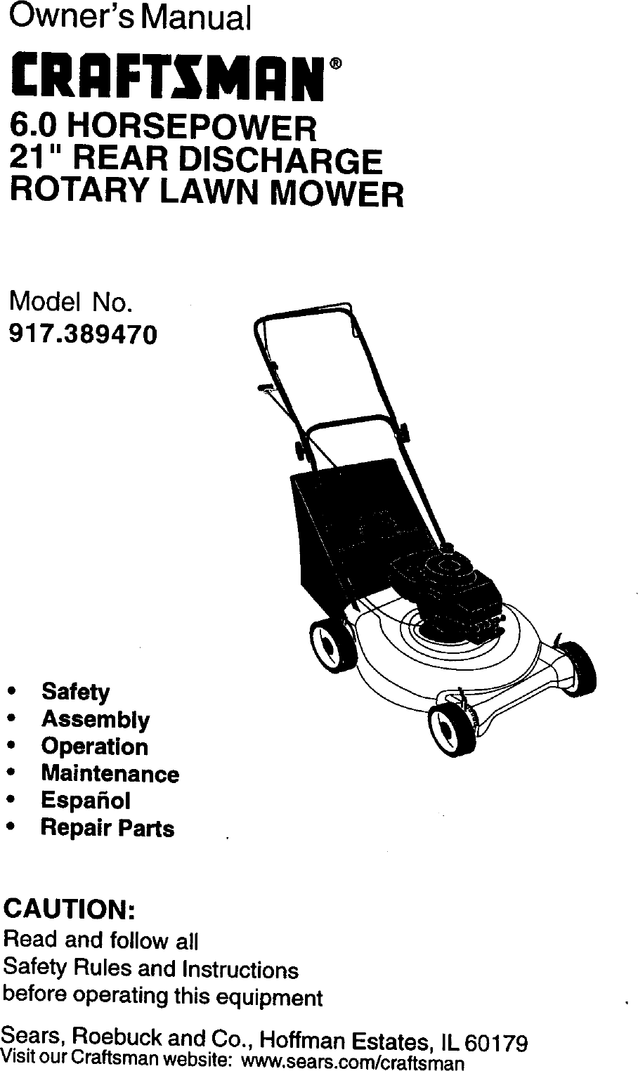 Craftsman 917389470 User Manual Gas, Walk Behind Lawnmower Manuals And
