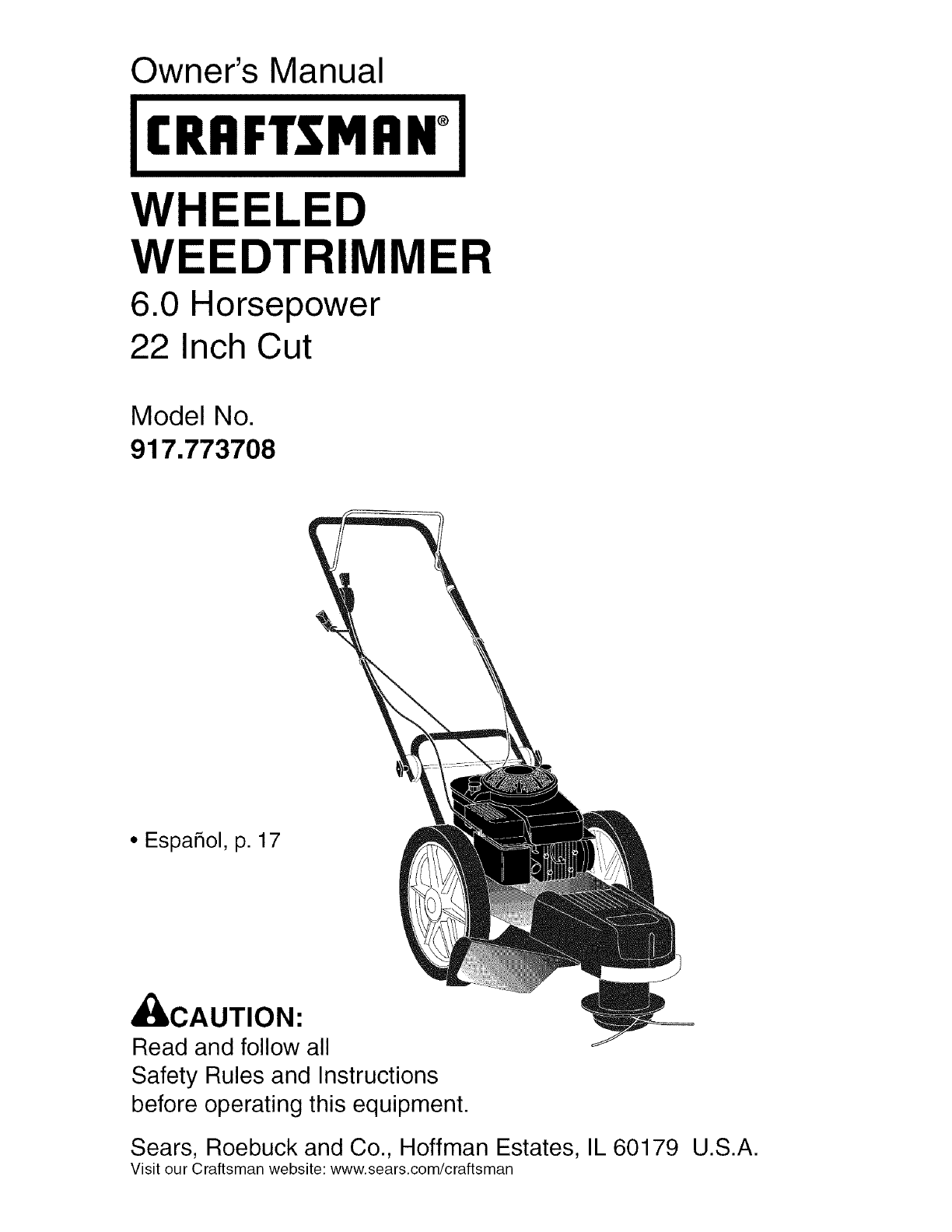 Craftsman 917773708 User Manual HIGH WHEEL WEED TRIMMER Manuals And