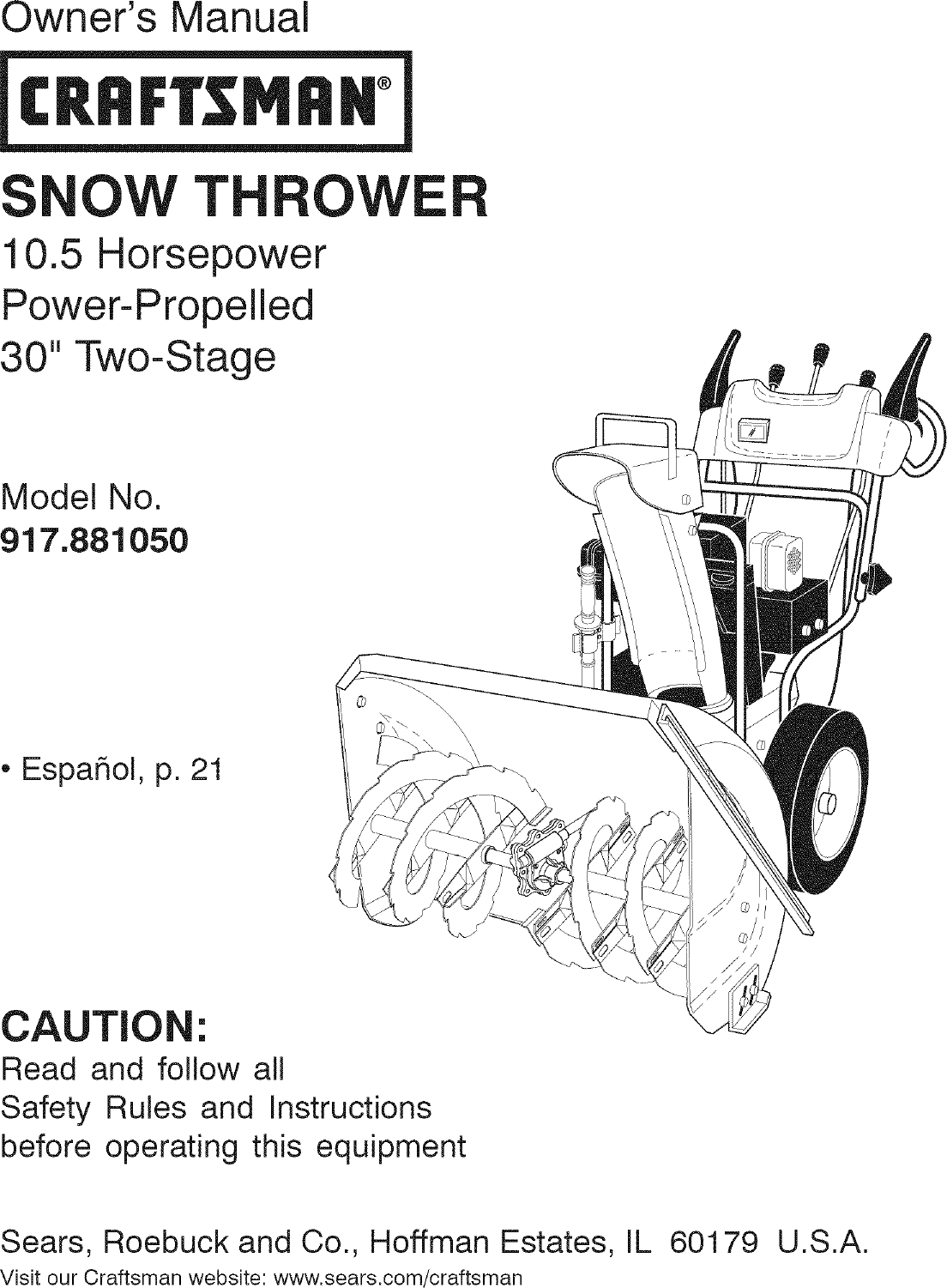 Craftsman 917881050 User Manual Snow Thrower Manuals And Guides L0802609