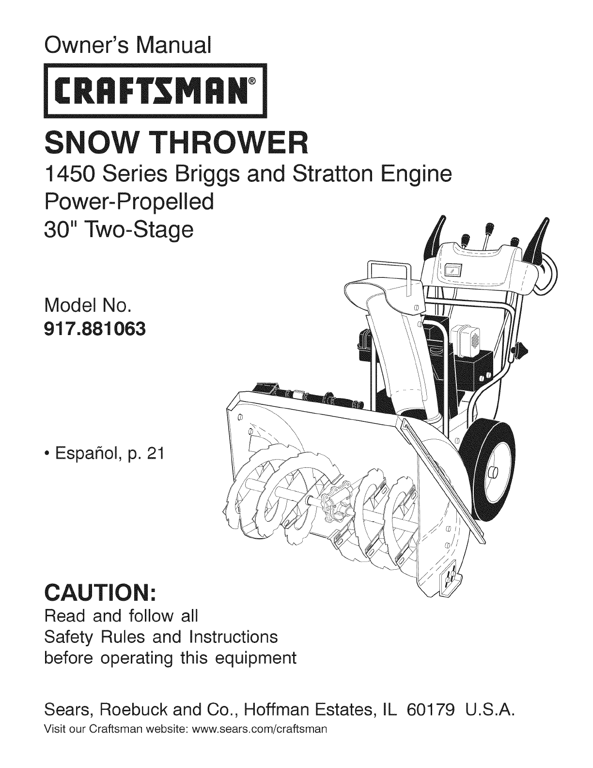 Craftsman 917881063 User Manual SNOW THROWER Manuals And Guides L0812676