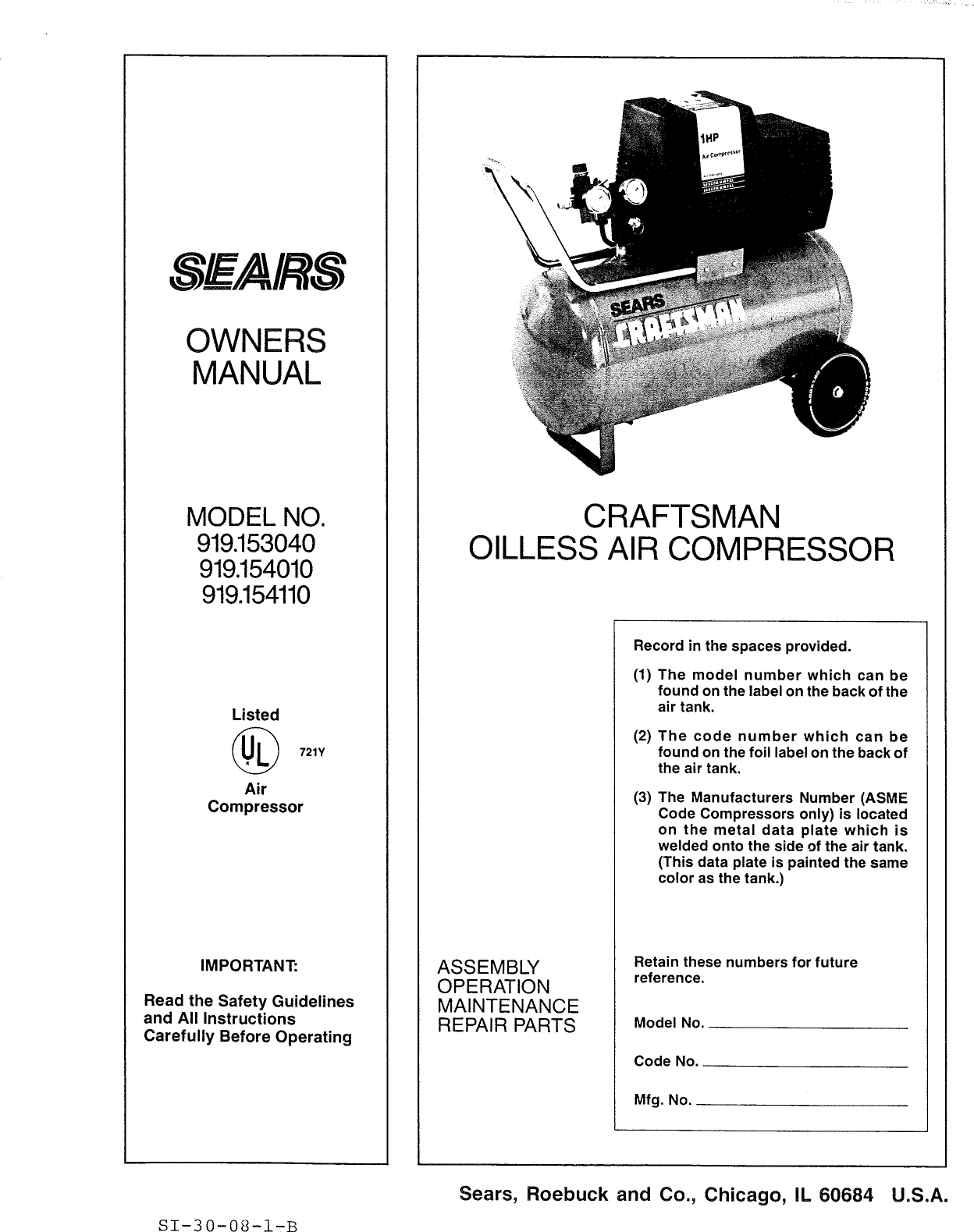 Craftsman 919153040 User Manual AIR COMPRESSOR Manuals And Guides L0908003