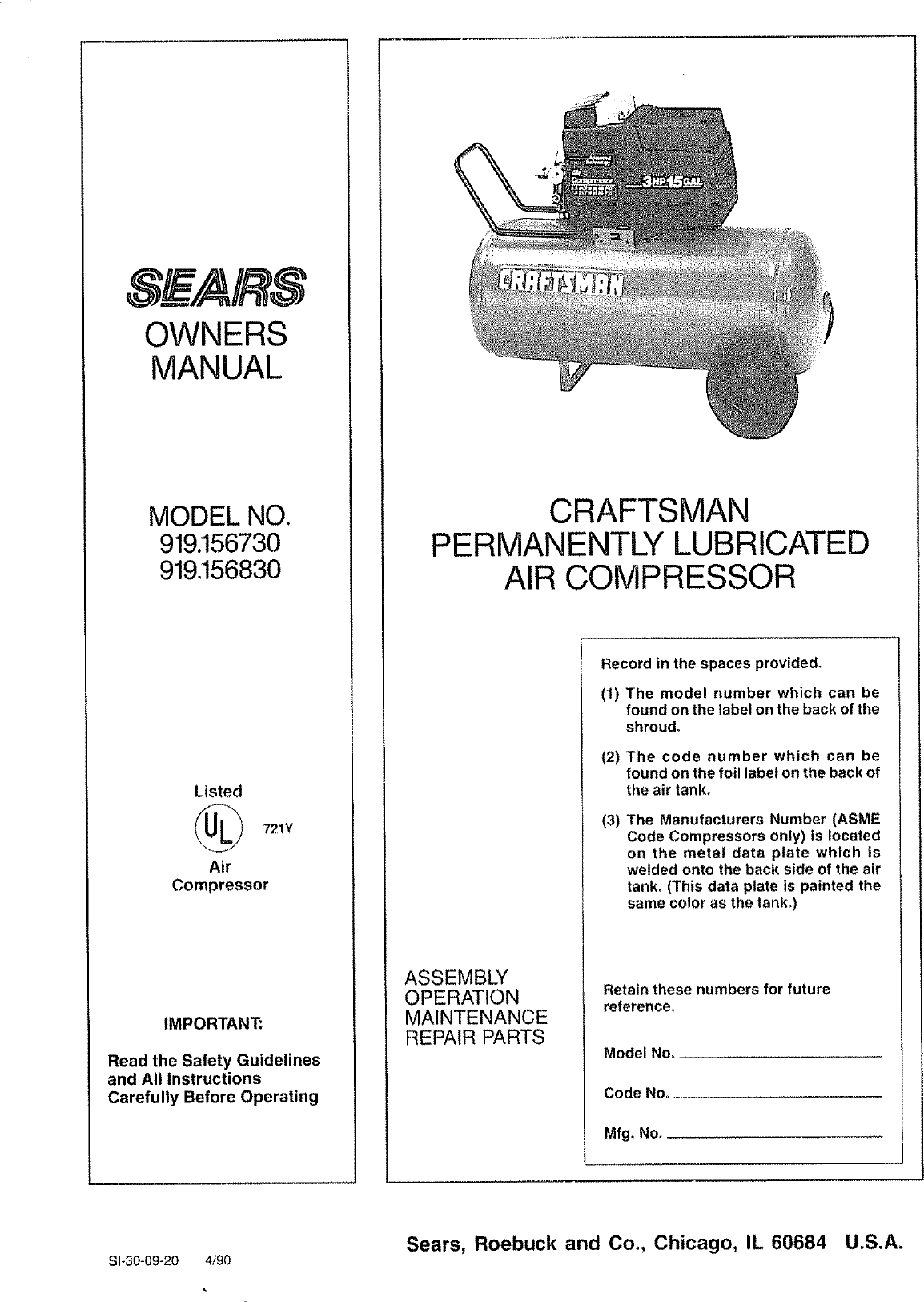 Craftsman 919156730 User Manual AIR COMPRESSOR Manuals And Guides L0804451