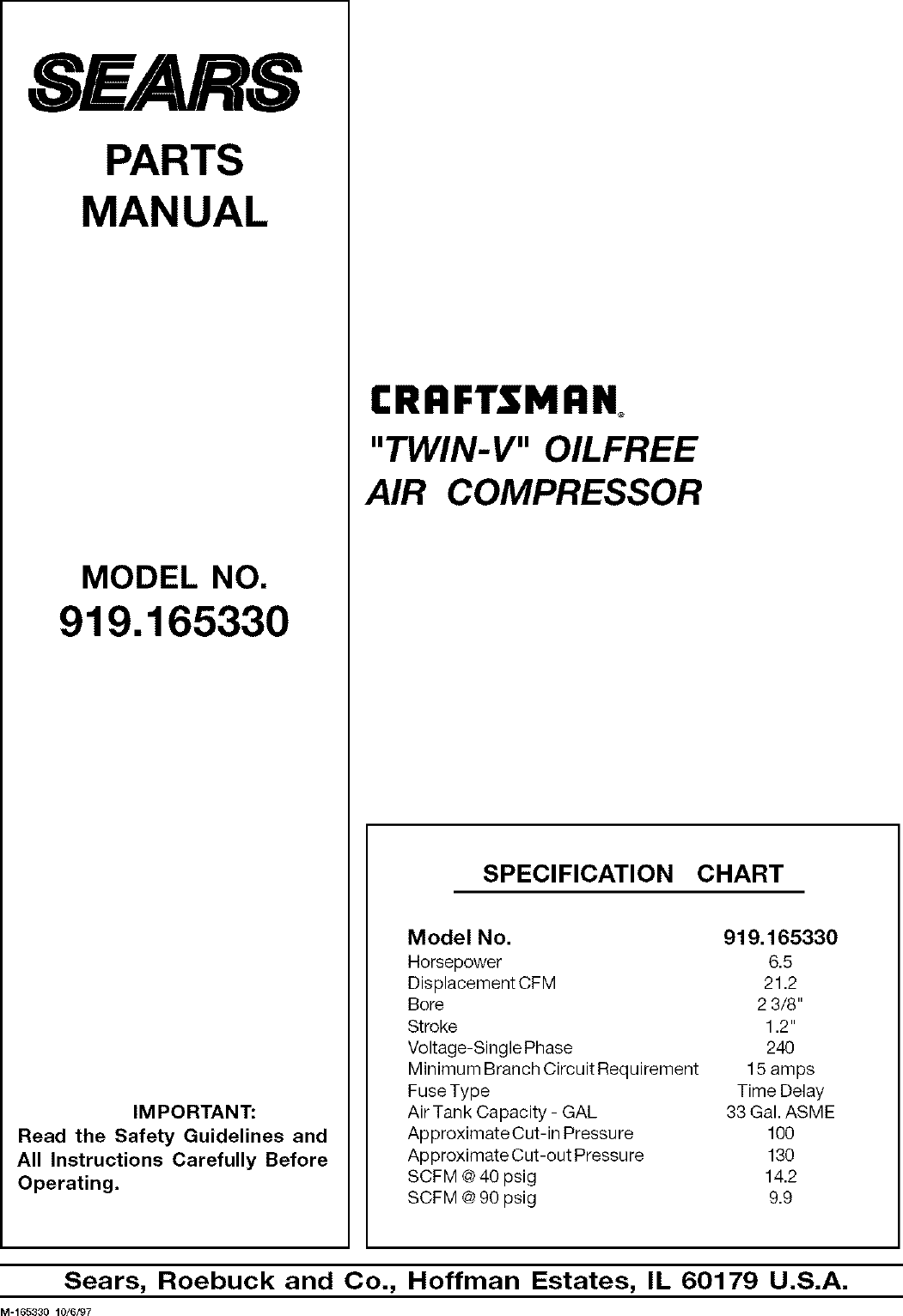 Craftsman 919165330 User Manual AIR COMPRESSOR Manuals And Guides L0807016