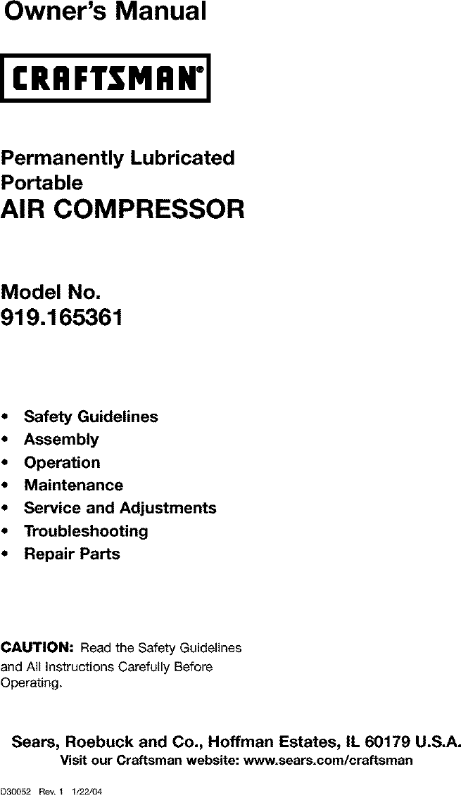 Craftsman 921 Air Compressor Manual