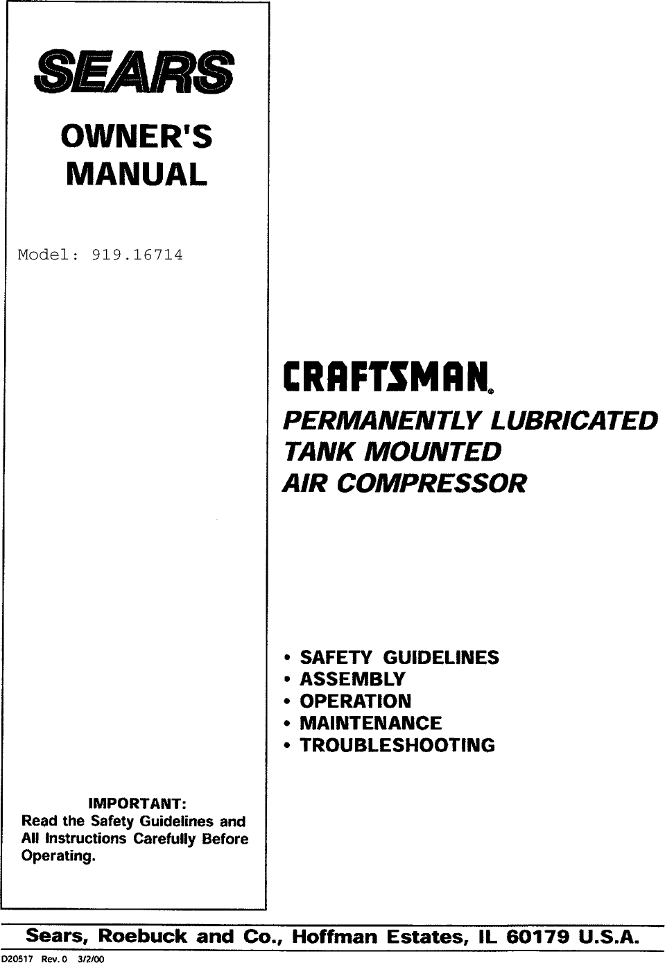 Craftsman 919167141 User Manual AIR COMPRESSOR Manuals And Guides L0909529