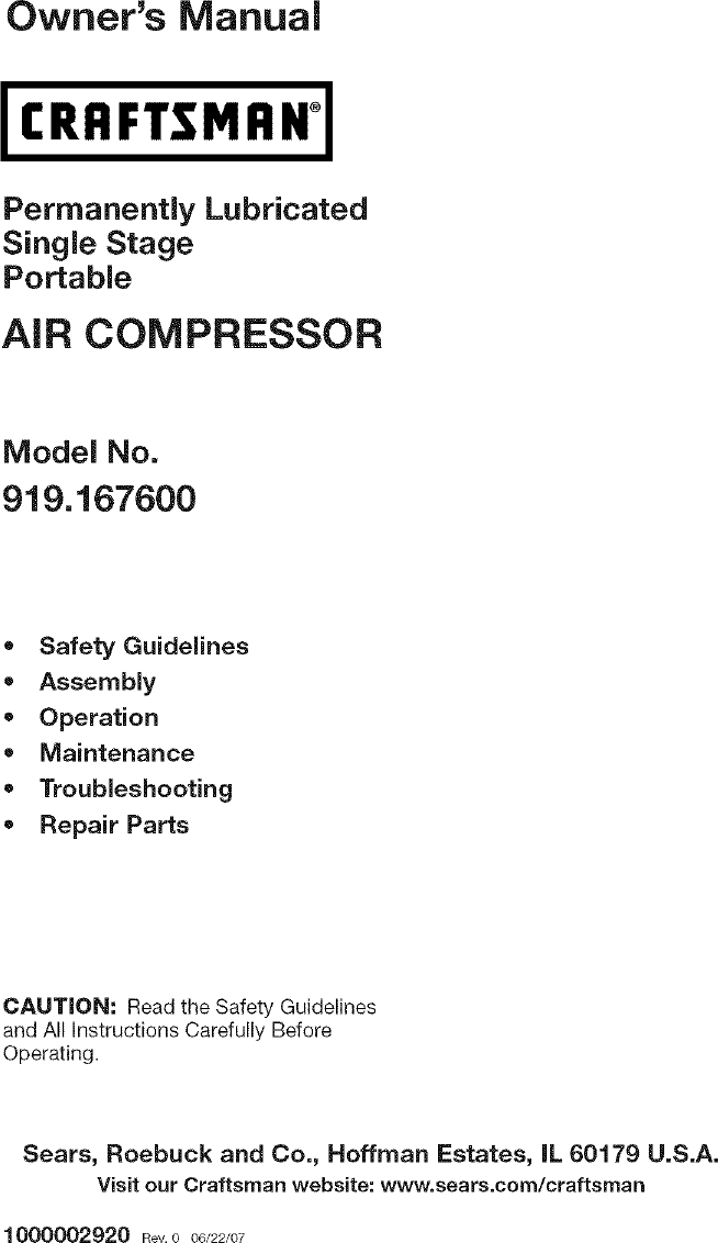 Craftsman 919167600 User Manual AIR COMPRESSOR Manuals And Guides L0710283