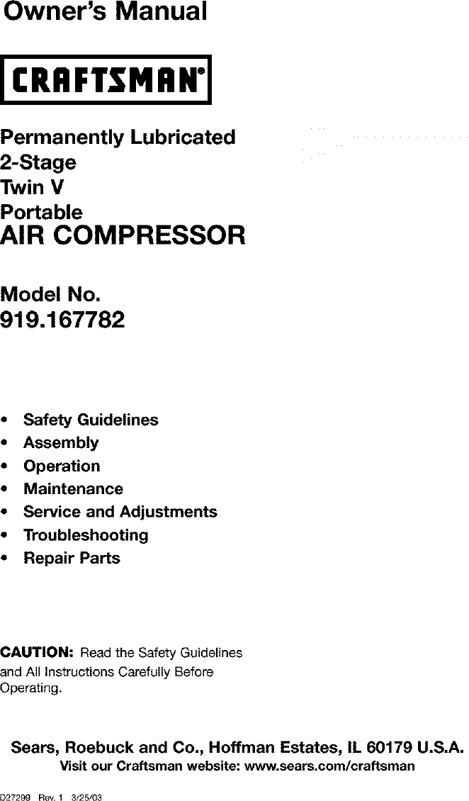 Craftsman 919167782 User Manual AIR COMPRESSOR Manuals And Guides L0305375