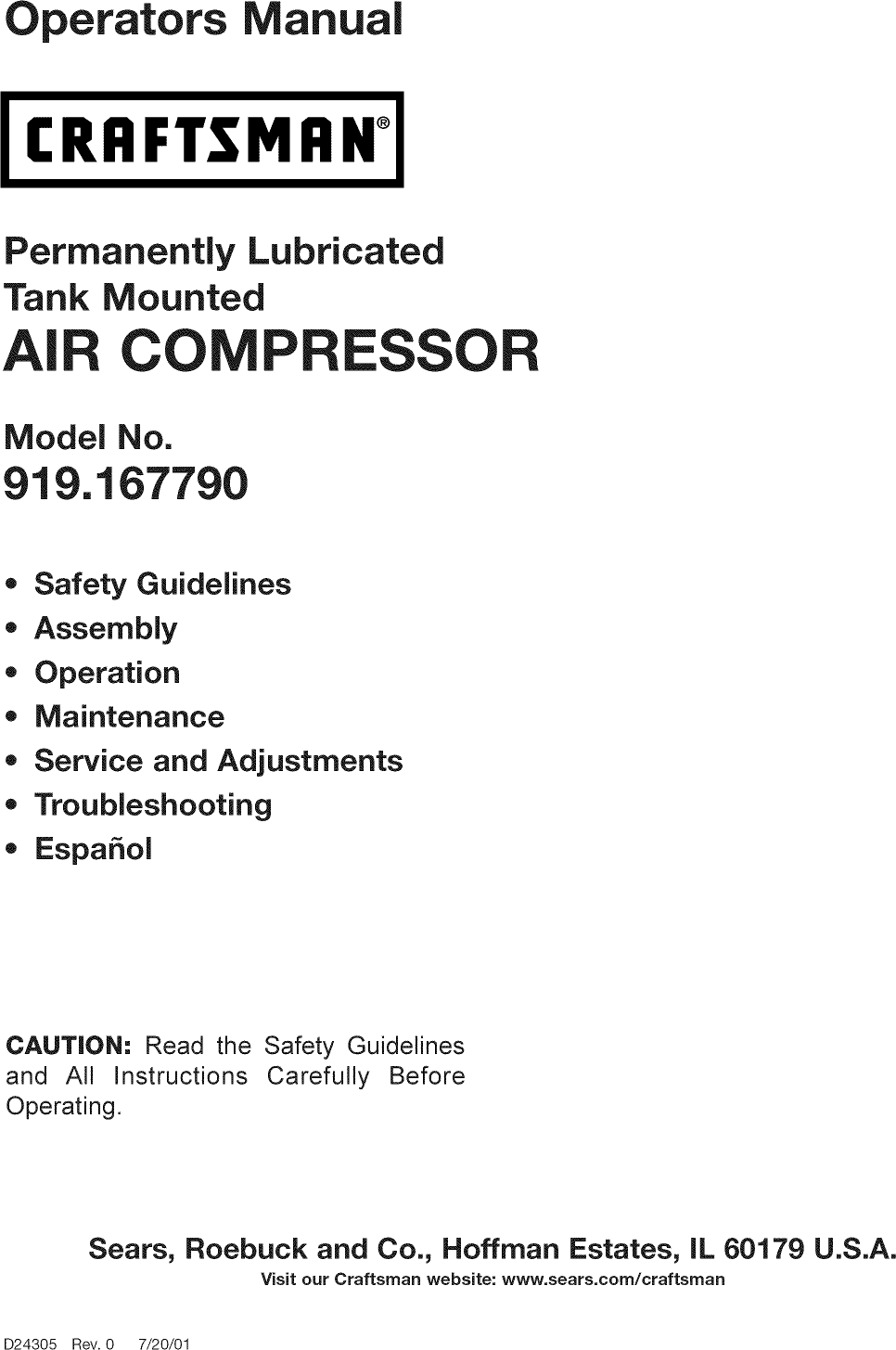 Craftsman 919167790 User Manual AIR COMPRESSOR Manuals And Guides L0808255