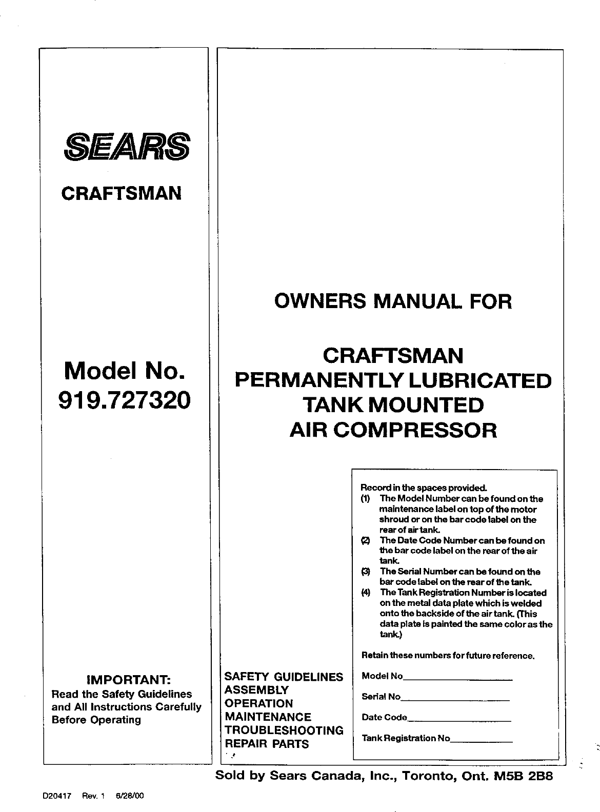 Craftsman 919727320 User Manual AIR COMPRESSOR Manuals And Guides L0080128