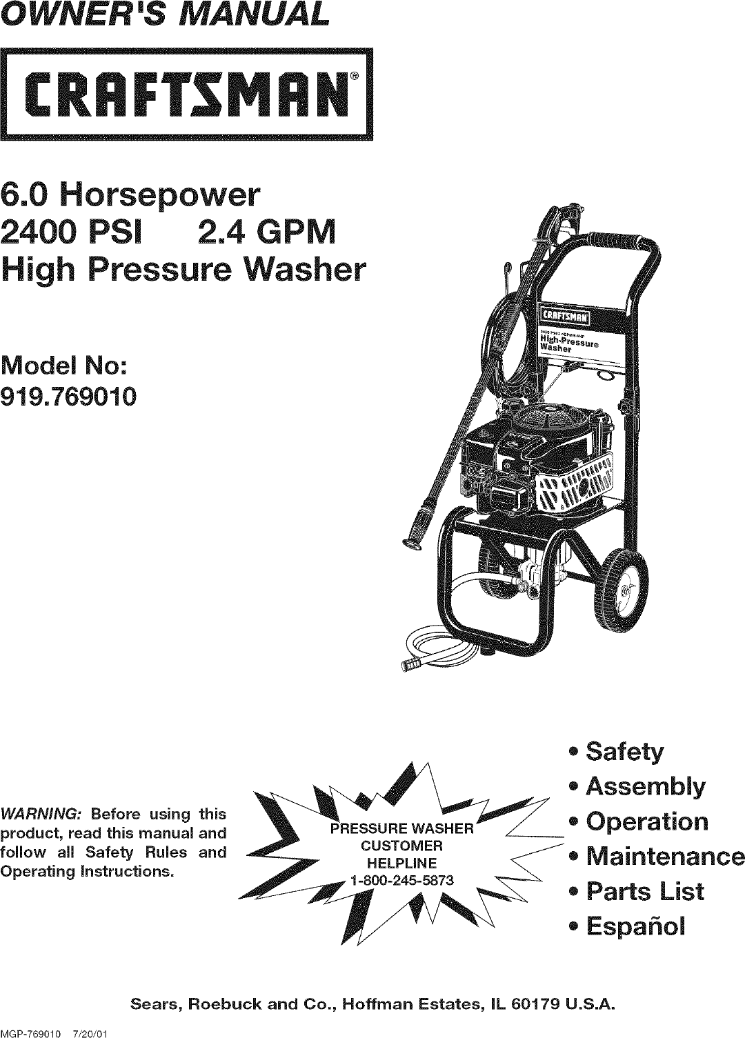Craftsman 919769010 User Manual PRESSURE WASHER Manuals And Guides L0711134