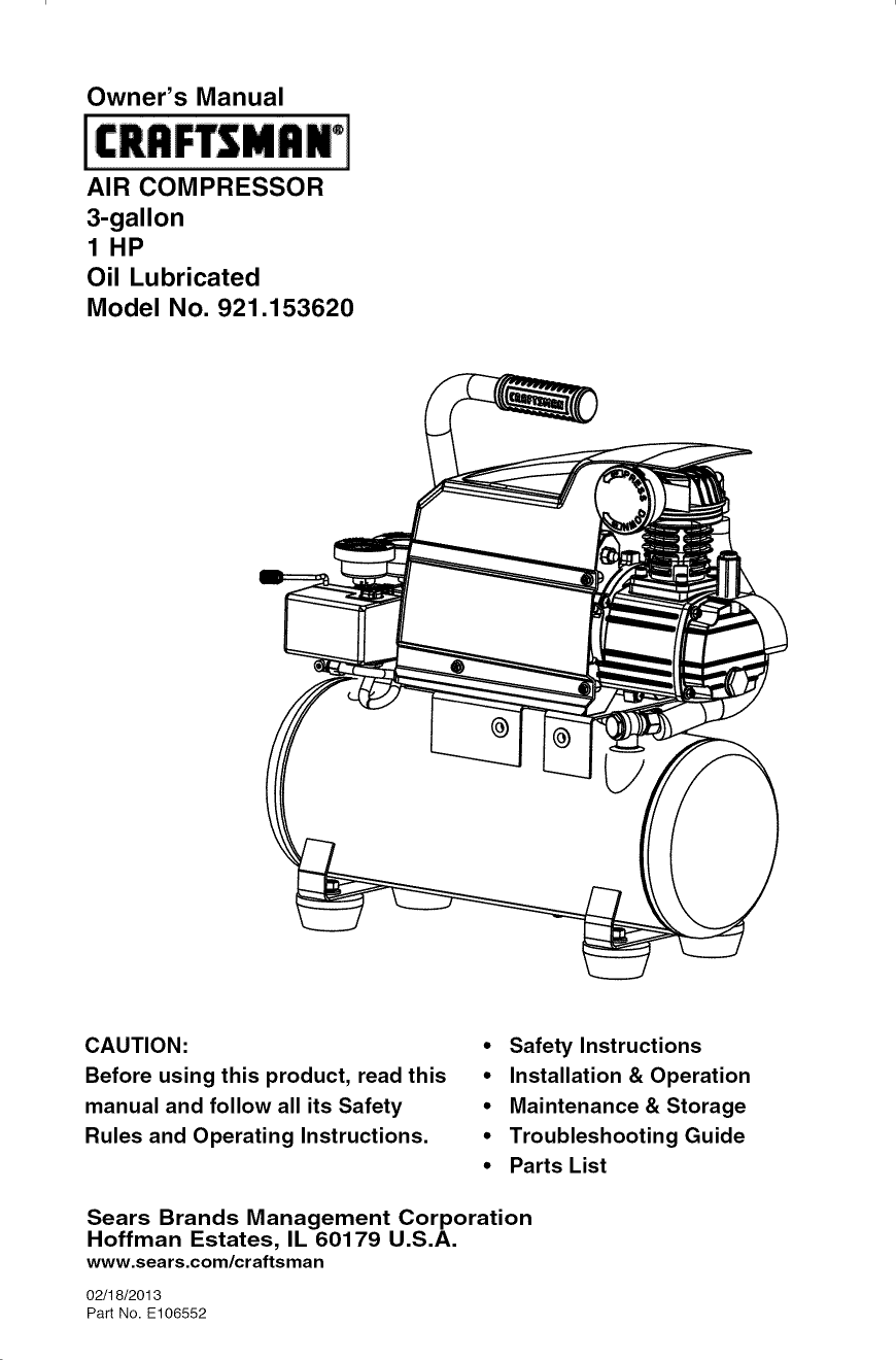 Craftsman 921153620 1406145L User Manual AIR COMPRESSOR Manuals And Guides