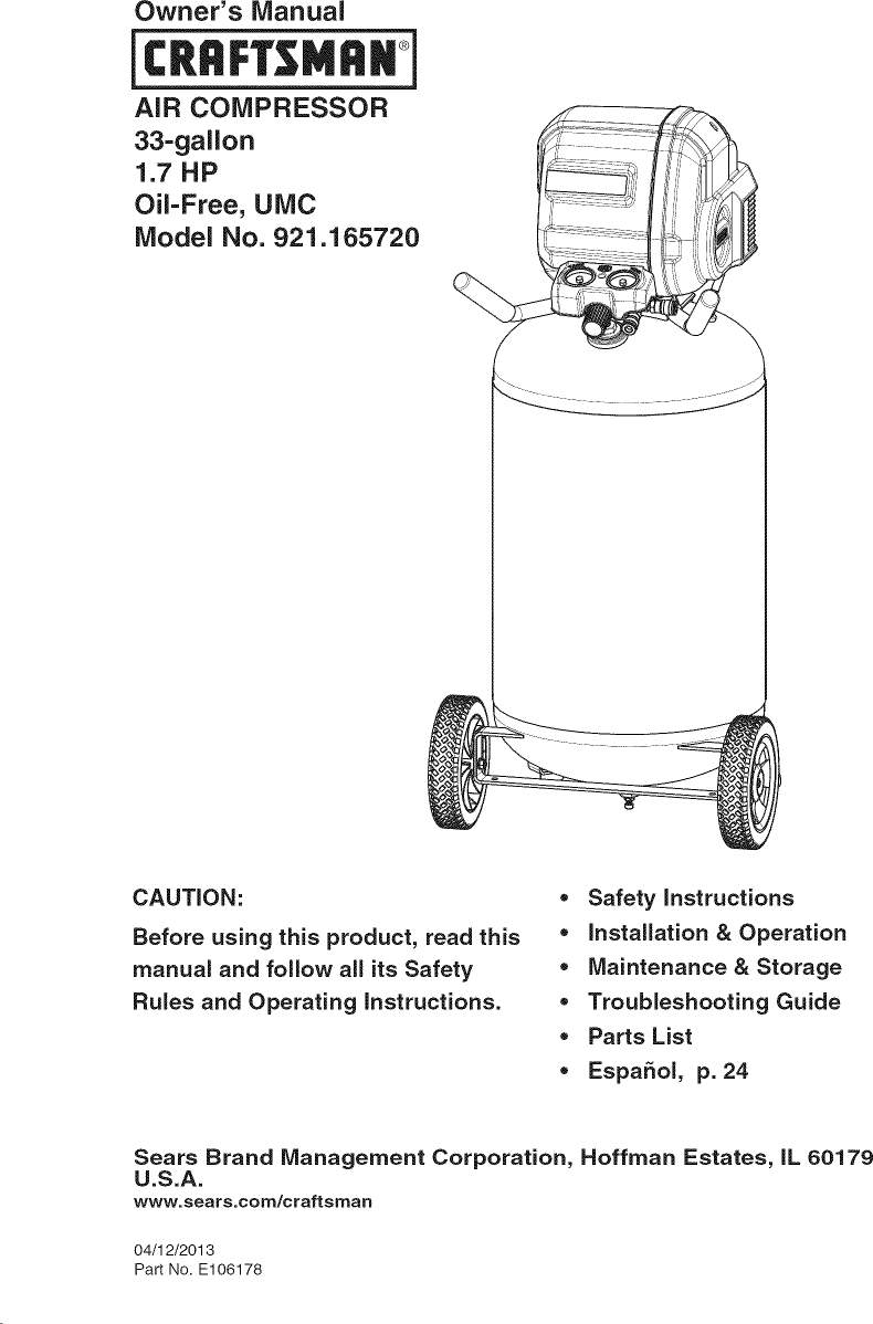 Craftsman 921165720 User Manual AIR COMPRESSOR Manuals And Guides 1307137L