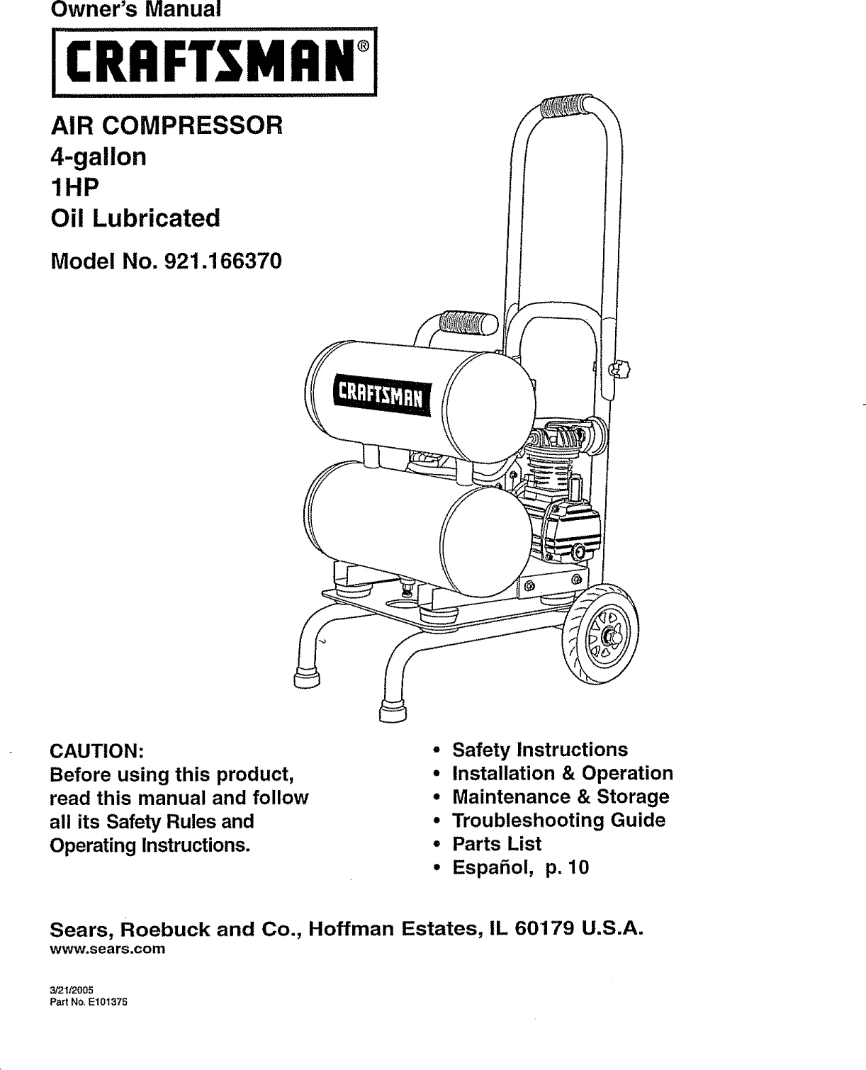 Craftsman 921166370 User Manual AIR COMPRESSOR Manuals And Guides L0809424