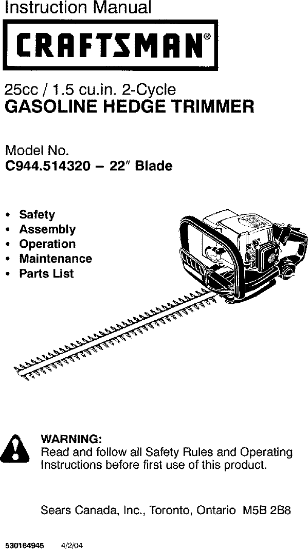 Craftsman 944514320 User Manual HEDGE TRIMMER Manuals And Guides L0404032