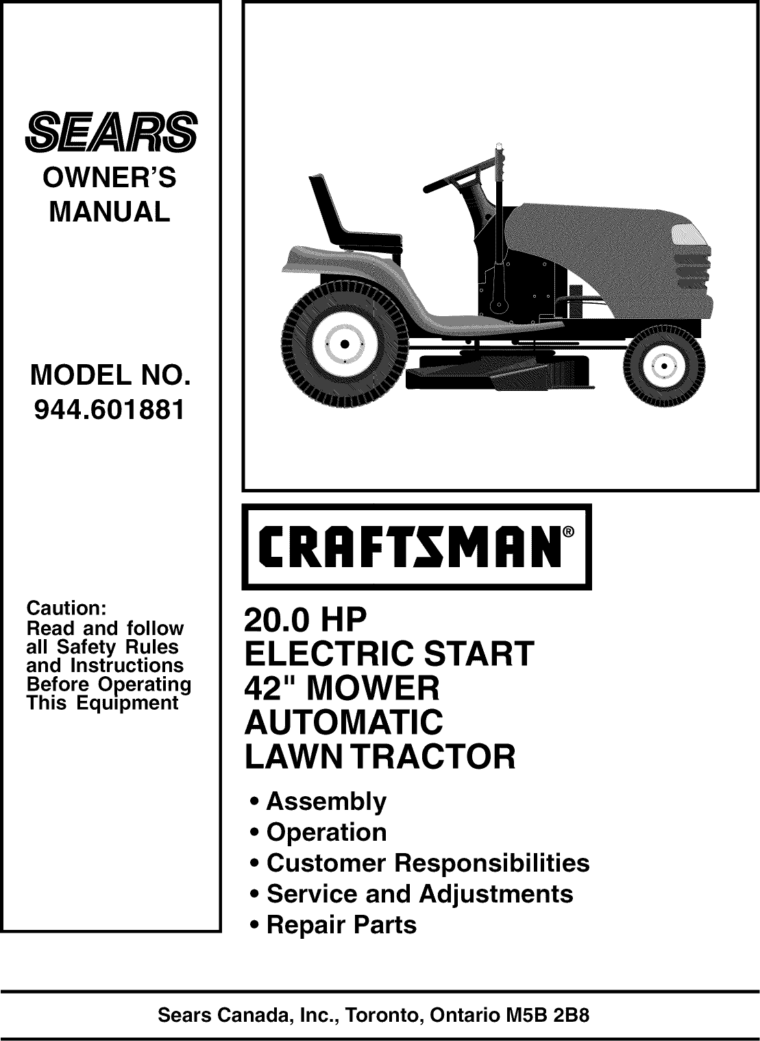 Craftsman 944601881 User Manual TRACTOR Manuals And Guides 1103676L