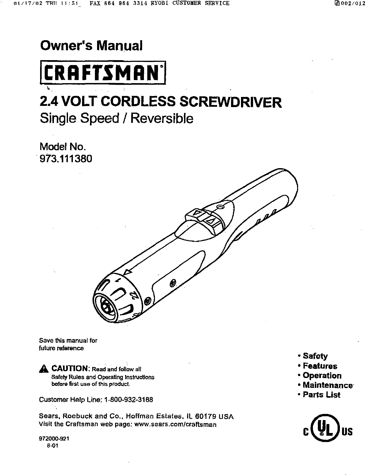 Page 1 of 11 - Craftsman 973111380 User Manual  CORDLESS DRILL-DRIVER - Manuals And Guides L0201144