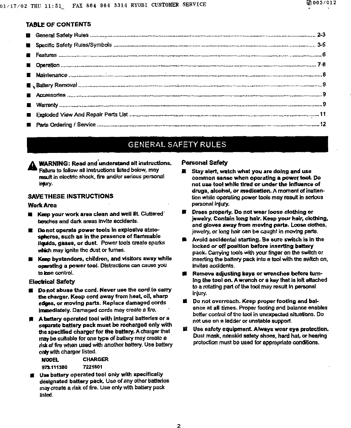 Page 2 of 11 - Craftsman 973111380 User Manual  CORDLESS DRILL-DRIVER - Manuals And Guides L0201144