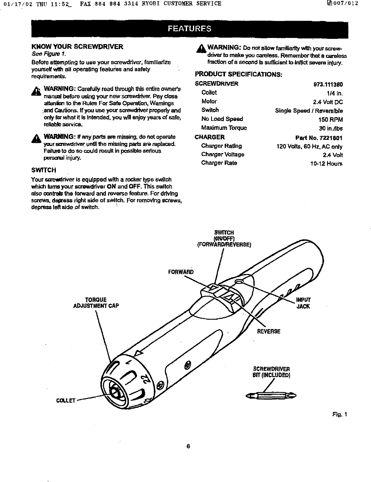 Page 6 of 11 - Craftsman 973111380 User Manual  CORDLESS DRILL-DRIVER - Manuals And Guides L0201144