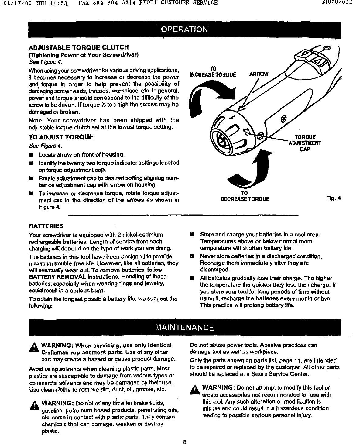 Page 8 of 11 - Craftsman 973111380 User Manual  CORDLESS DRILL-DRIVER - Manuals And Guides L0201144