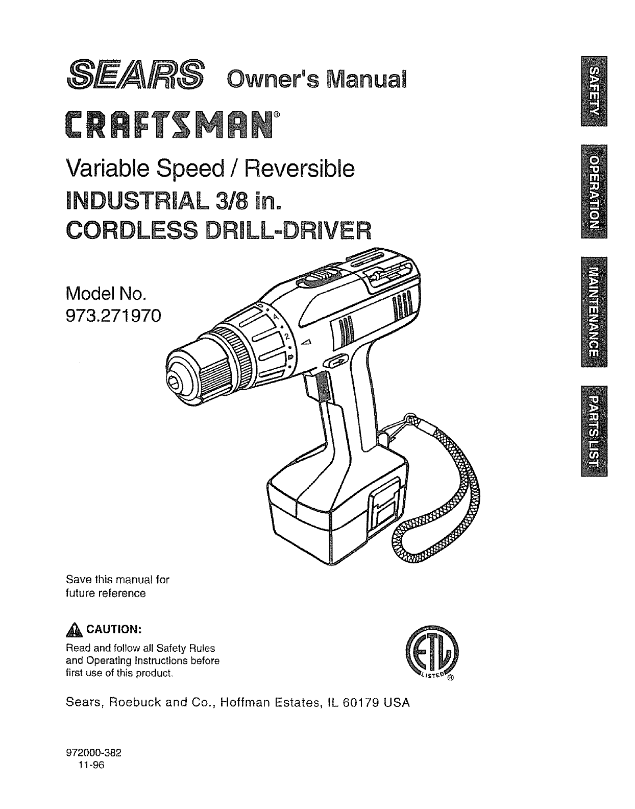 Craftsman 973271970 User Manual 3/8 CORDLESS DRILL DRIVER Manuals And