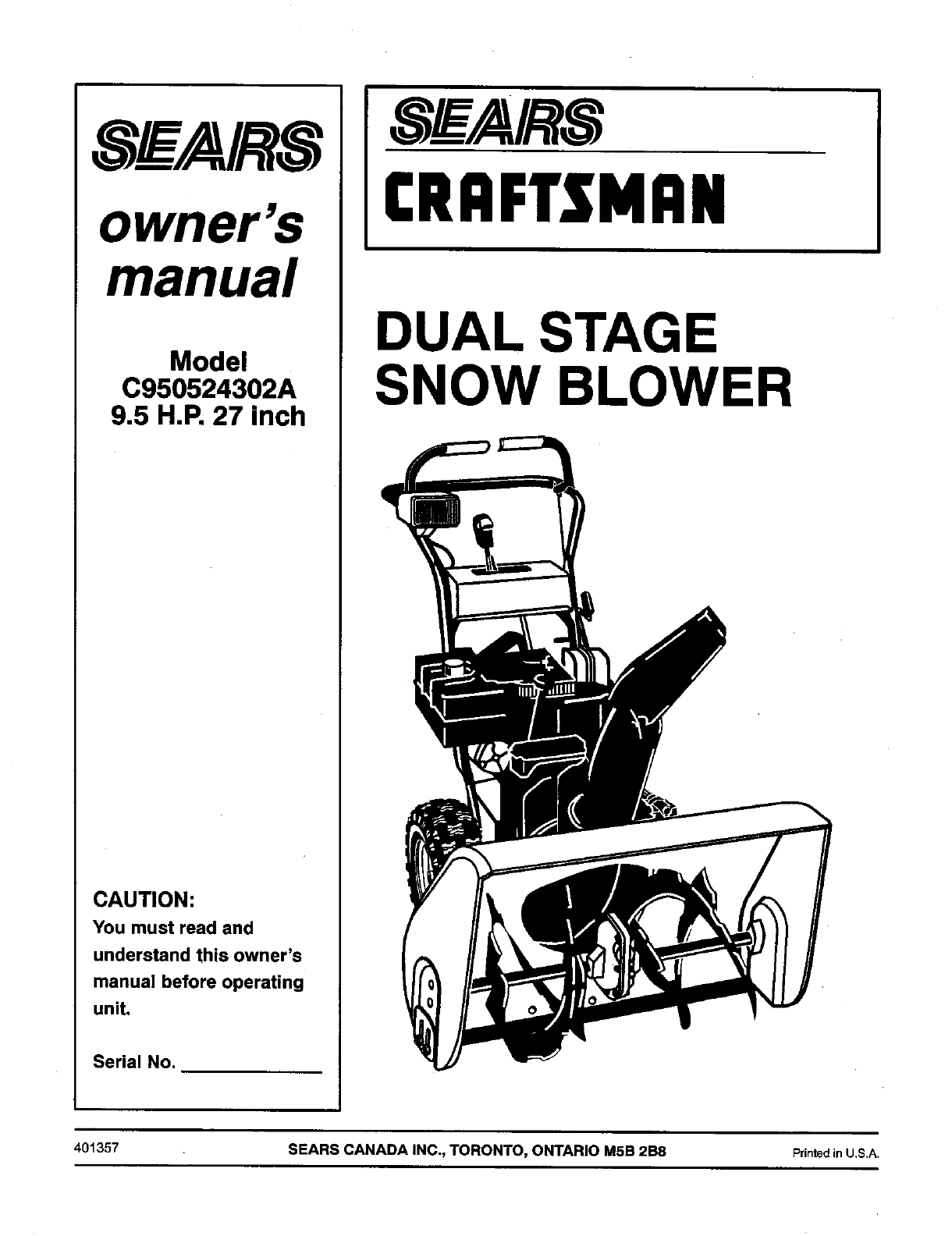 Craftsman C950524302A User Manual SNOW BLOWER Manuals And Guides L0511283