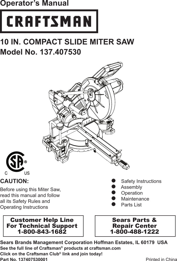 Craftsman 10 Compact Sliding Compound Miter Saw Owners Manual 40753 ...