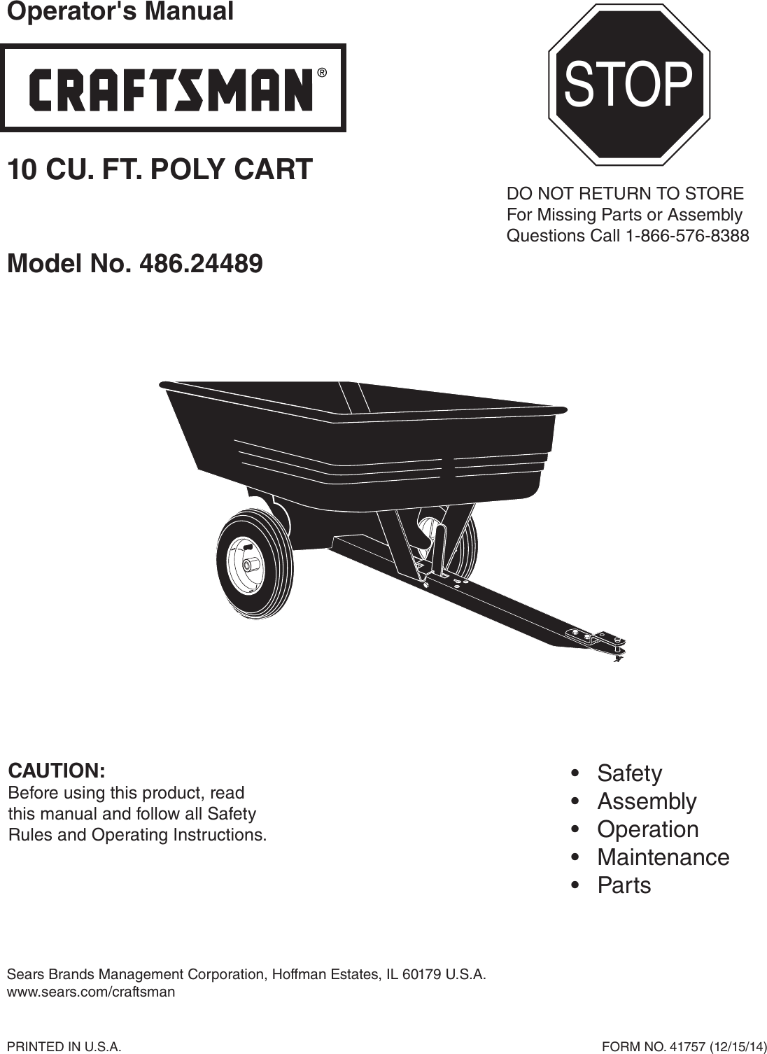 Page 1 of 12 - Craftsman Craftsman-10-Cu-Ft-Poly-Dump-Cart-Owners-Manual-  Craftsman-10-cu-ft-poly-dump-cart-owners-manual