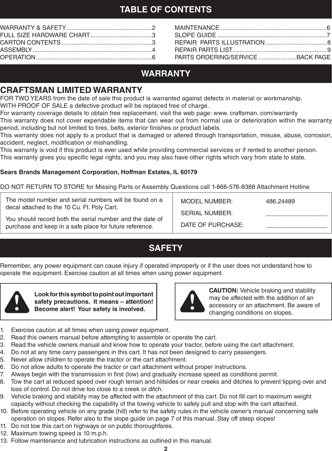 Page 2 of 12 - Craftsman Craftsman-10-Cu-Ft-Poly-Dump-Cart-Owners-Manual-  Craftsman-10-cu-ft-poly-dump-cart-owners-manual