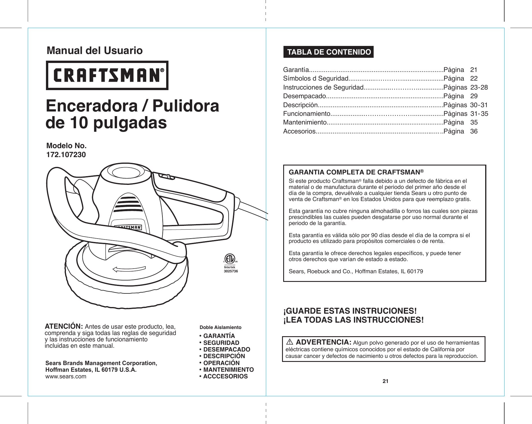 Page 1 of 10 - Craftsman Craftsman-10-In-Buffer-Polisher-Owners-Manual-Espanol- 17023 20-21  Craftsman-10-in-buffer-polisher-owners-manual-espanol