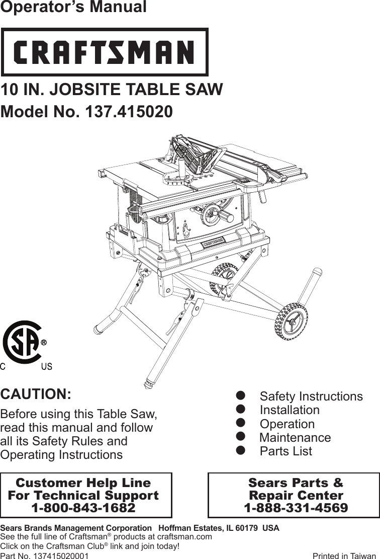 Craftsman 10 Jobsite Table Saw Owners Manual