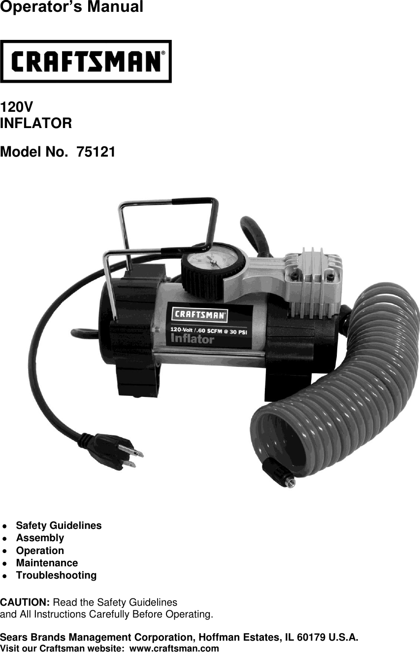 Craftsman 120V Portable Inflator Owners Manual Operator’s