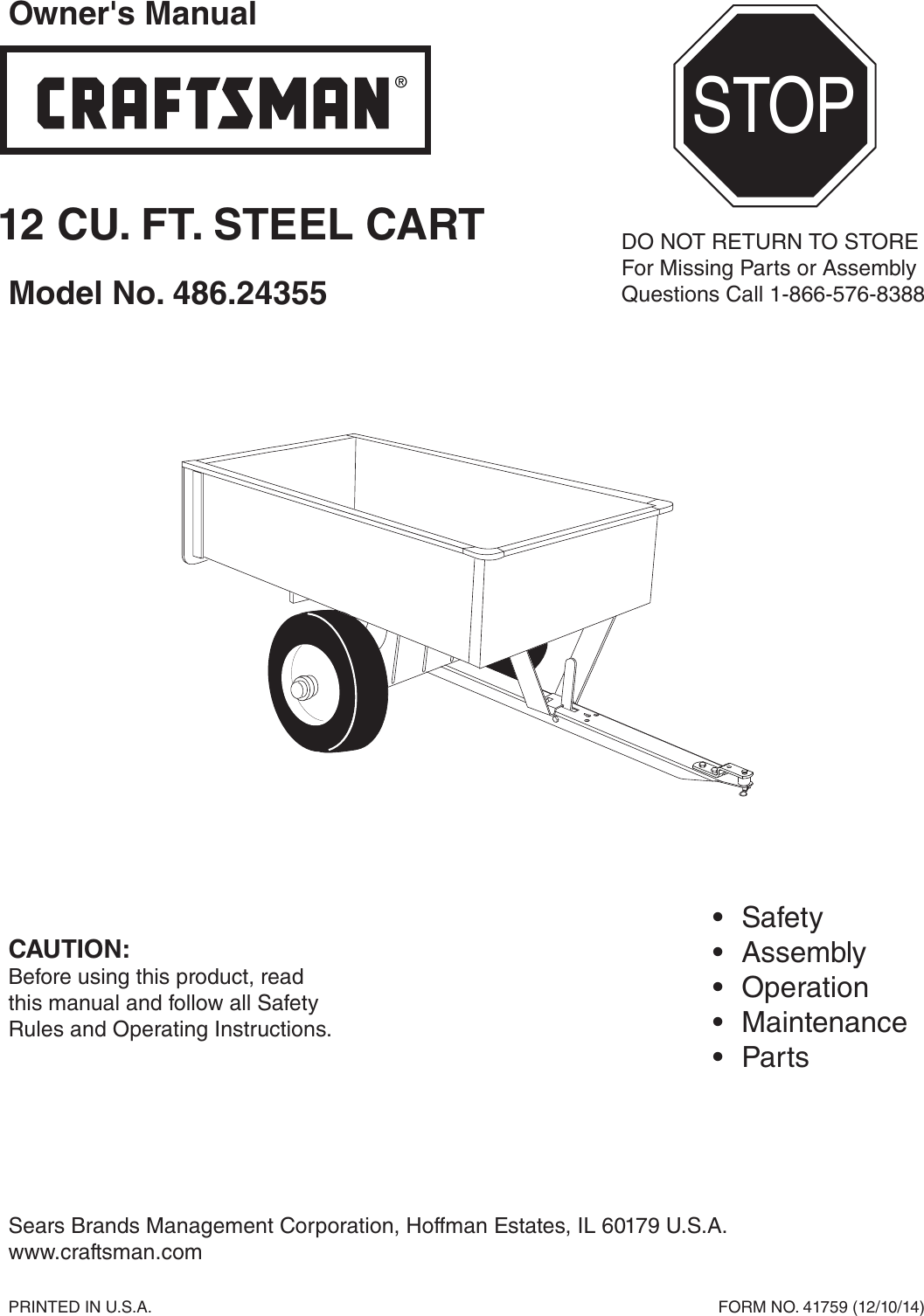 Page 1 of 12 - Craftsman Craftsman-12-Cu-Ft-Steel-Dump-Cart-Owners-Manual-  Craftsman-12-cu-ft-steel-dump-cart-owners-manual
