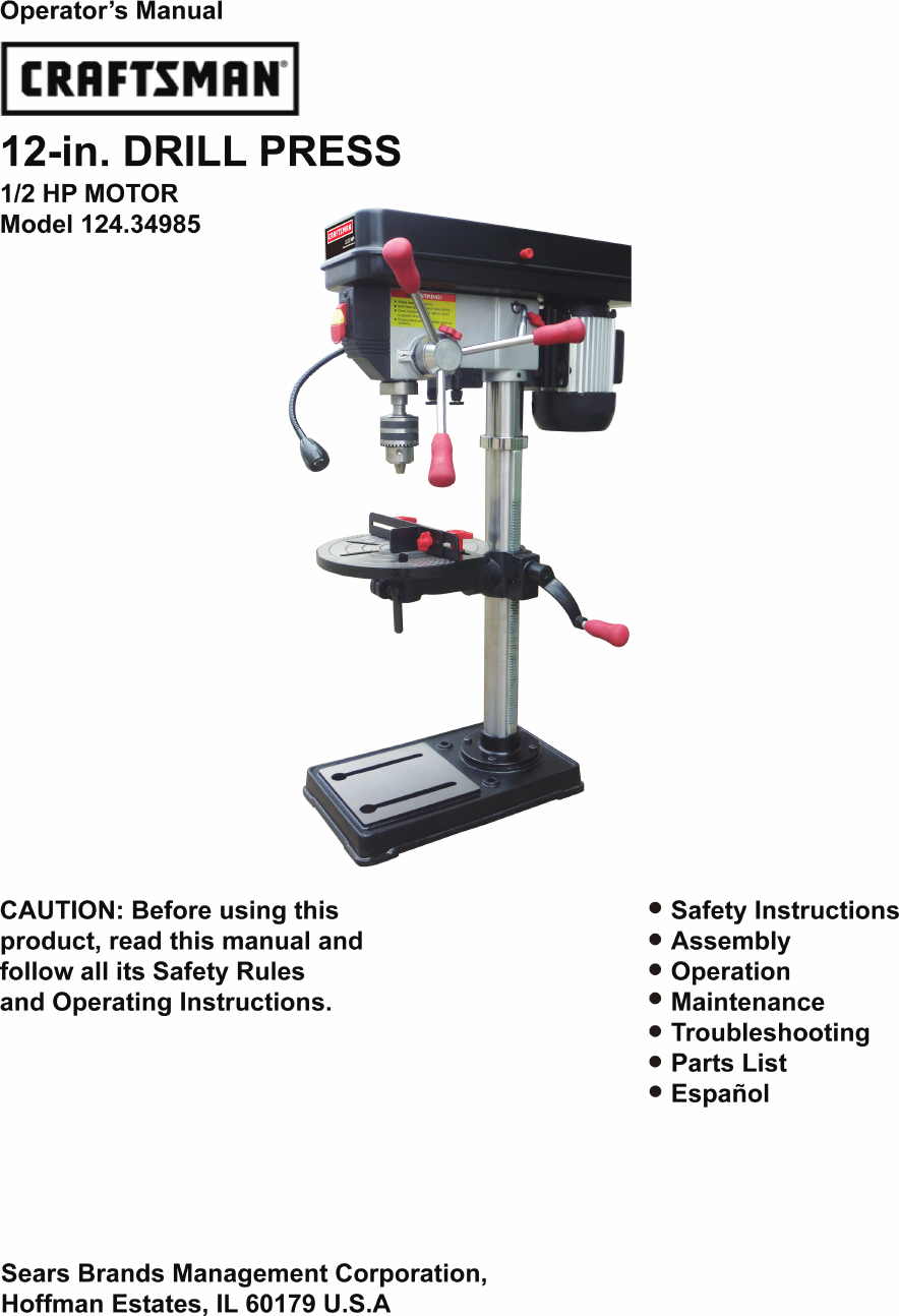 Craftsman 12 Drill Press With Laser And Led Light Owners Manual