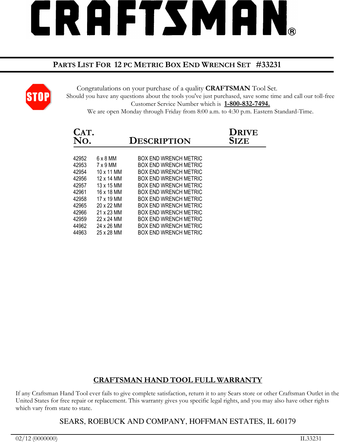 Page 1 of 1 - Craftsman Craftsman-12Pc-Box-End-Wrench-Set-Mm-Parts-List-  Craftsman-12pc-box-end-wrench-set-mm-parts-list