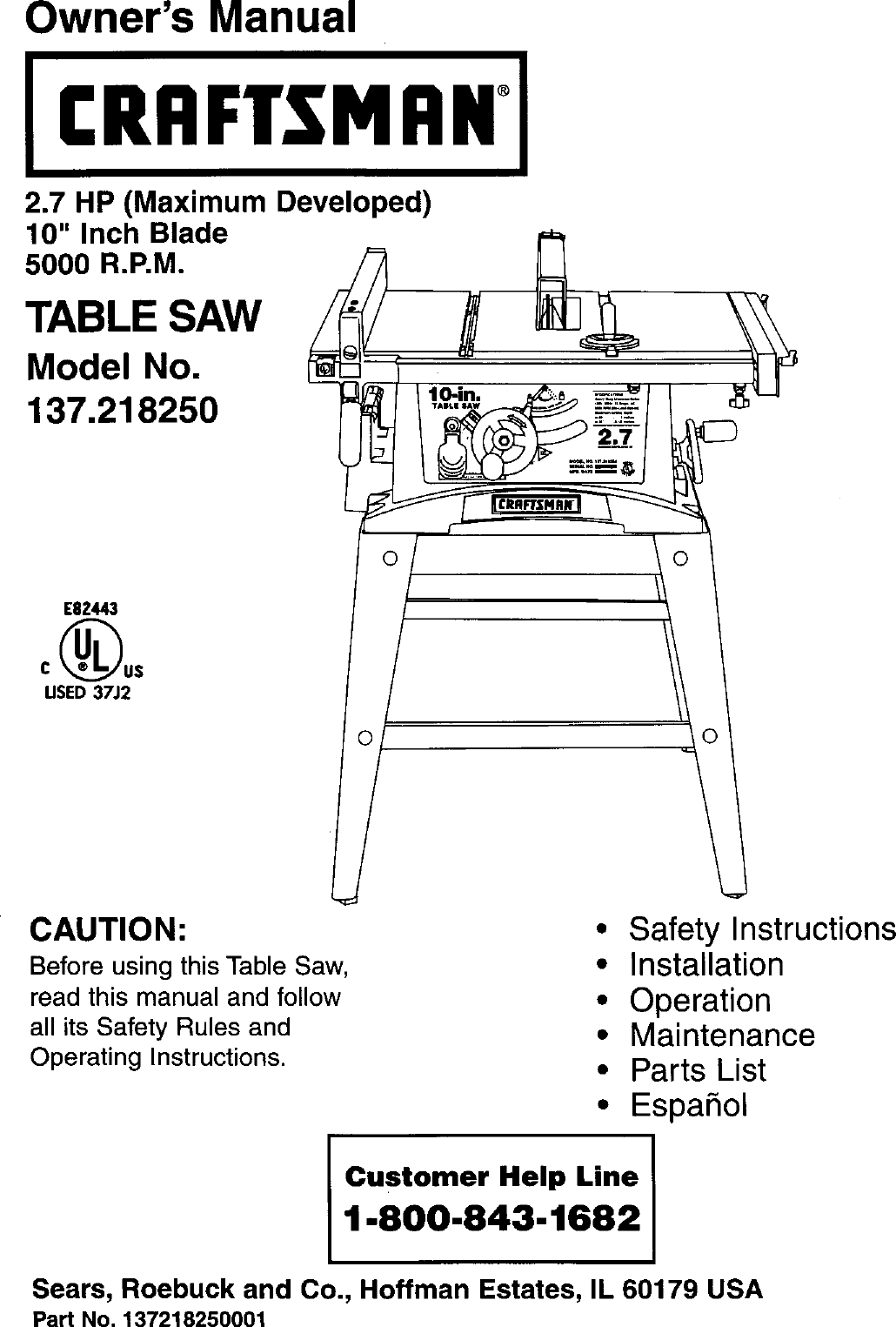 Sonstige Heimwerker Sears Craftsman Table Saw Manual Model 137.218250