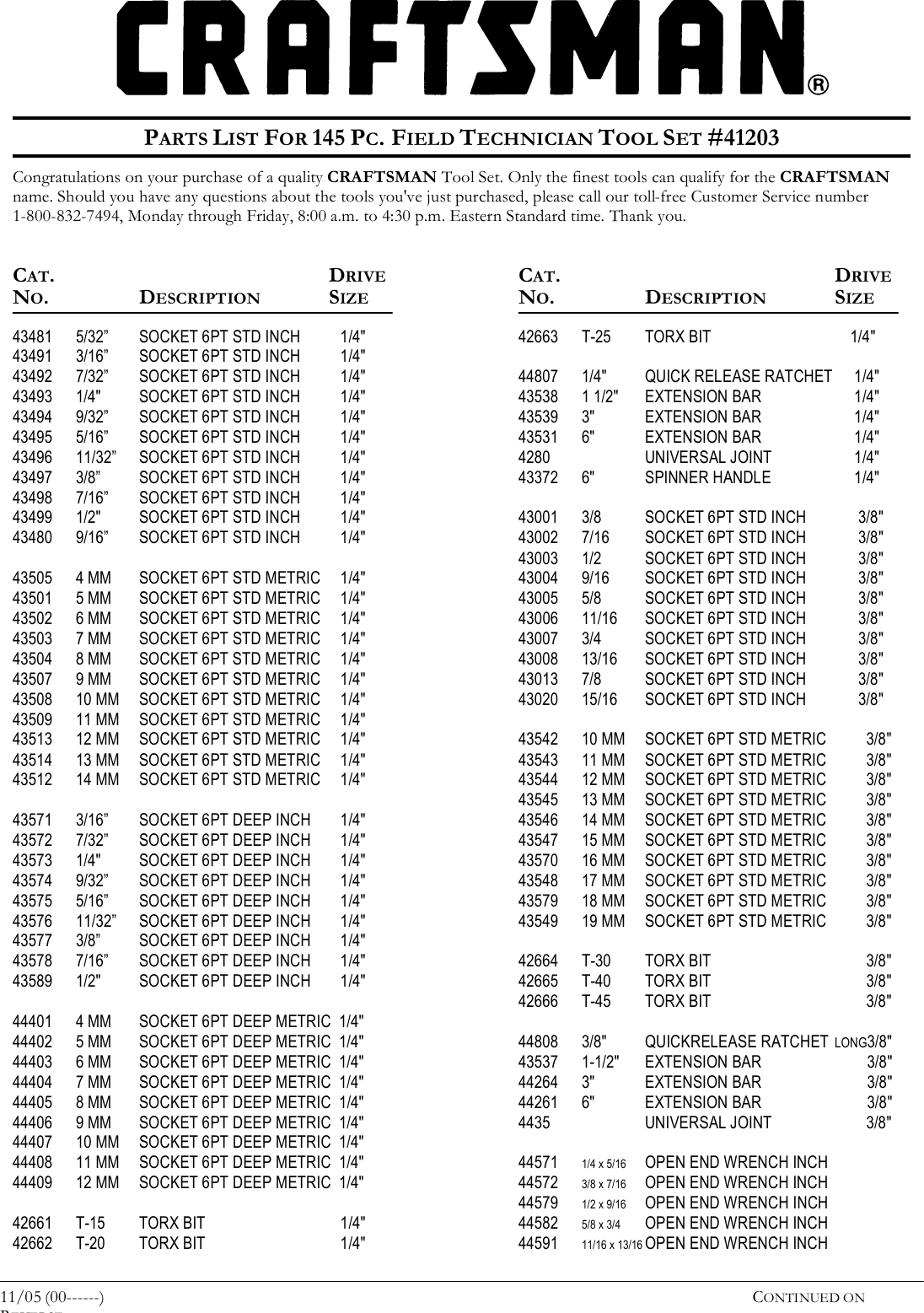 Page 1 of 2 - Craftsman Craftsman-145-Pc-Field-Technicians-Tool-Set-Parts-List- IL41203  Craftsman-145-pc-field-technicians-tool-set-parts-list