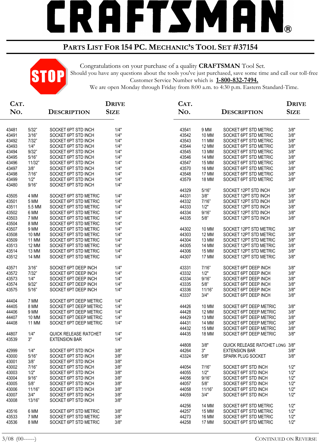 Page 1 of 2 - Craftsman Craftsman-154-Pc-Mechanics-Tool-Set-Contents-List-  Craftsman-154-pc-mechanics-tool-set-contents-list
