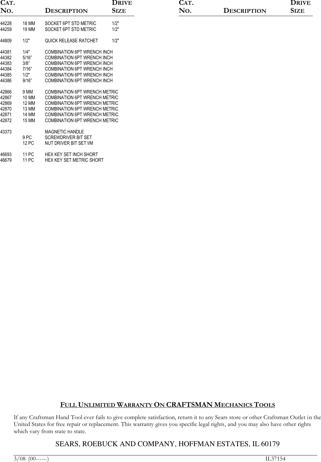 Page 2 of 2 - Craftsman Craftsman-154-Pc-Mechanics-Tool-Set-Contents-List-  Craftsman-154-pc-mechanics-tool-set-contents-list