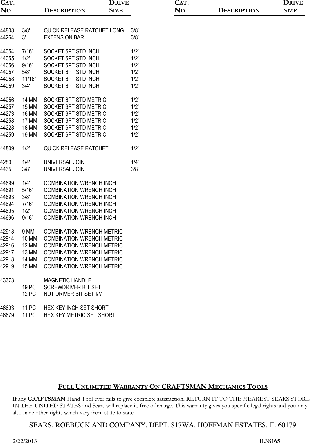 Page 2 of 2 - Craftsman Craftsman-165-Pc-Mechanics-Tool-Set-Contents-List-  Craftsman-165-pc-mechanics-tool-set-contents-list