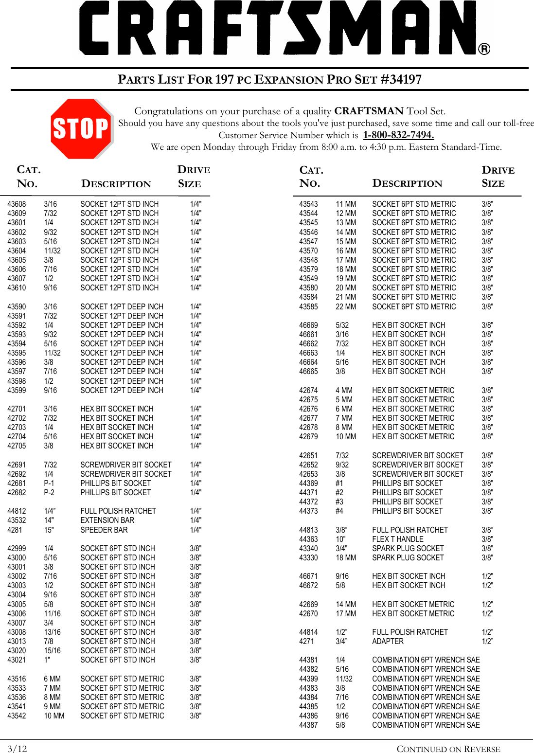 Page 1 of 2 - Craftsman Craftsman-197Pc-Expansion-Pro-Mechanics-Tool-Set-Contents-List-  Craftsman-197pc-expansion-pro-mechanics-tool-set-contents-list