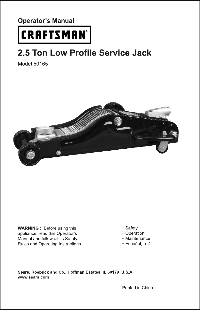 Page 1 of 5 - Craftsman Craftsman-2-1-2-Ton-Floor-Jack-Low-Profile-Owners-Manual- P1  Craftsman-2-1-2-ton-floor-jack-low-profile-owners-manual