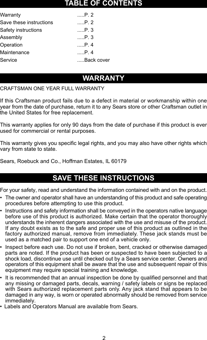 Page 2 of 5 - Craftsman Craftsman-2-1-4-Ton-Jack-Stands-2-Pk-Owners-Manual- 50182 Manual 2007.pmd  Craftsman-2-1-4-ton-jack-stands-2-pk-owners-manual