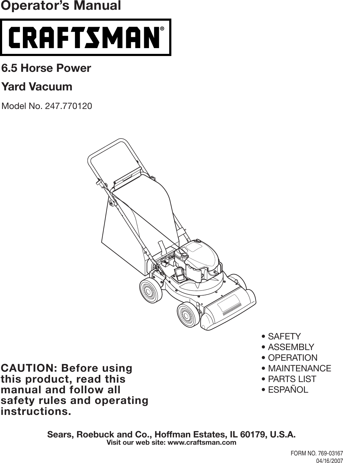 Craftsman 247 77012 Operators Manual