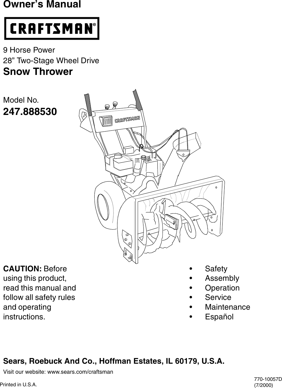 Craftsman 247 88853 Owners Manual 10057Dpt4